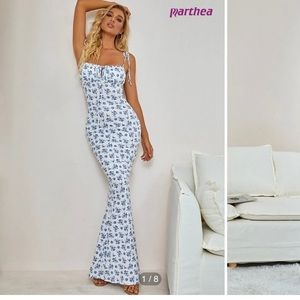 PARTHEA Tie Shoulder Fishtail Hem Floral Print prm dress